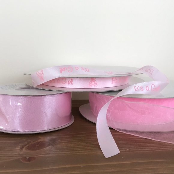 So-Facile Other - It's a Girl Pink Wreath Craft Ribbon 3 Rolls Sheer & Satin Wire Edge So-Facile
